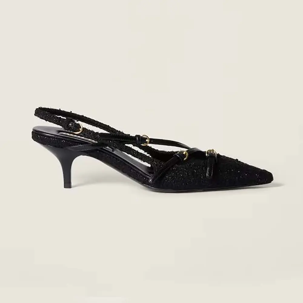 Side profile of Miu Miu Women Fabric Slingbacks with Straps-Black showing heel