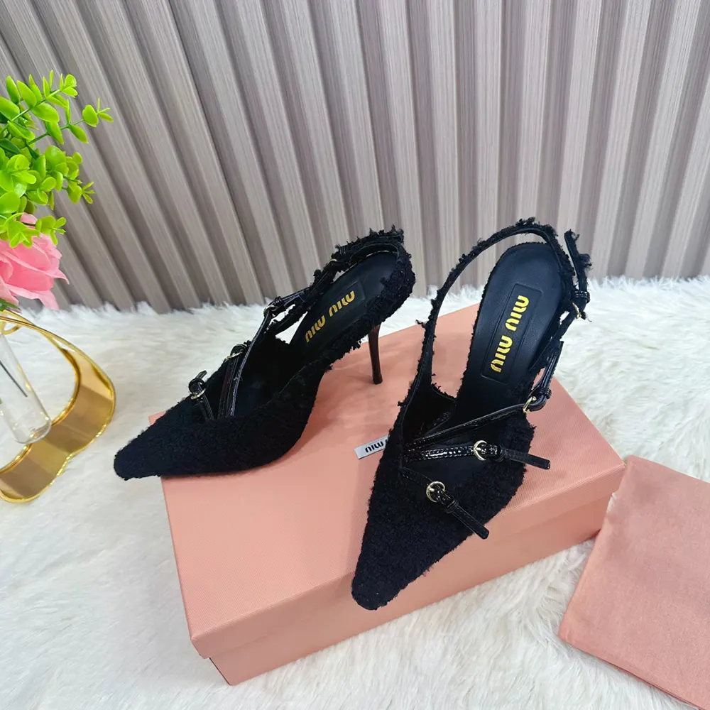 Close-up of strap and polished hardware on Miu Miu Women Fabric Slingbacks with Straps-Black