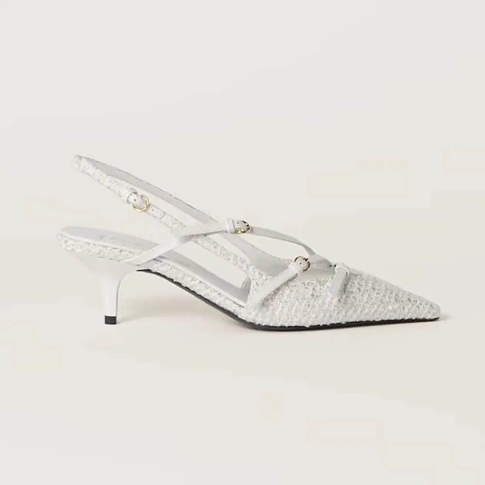 Side view of Miu Miu Women Fabric Slingbacks with Straps-White showing sleek silhouette