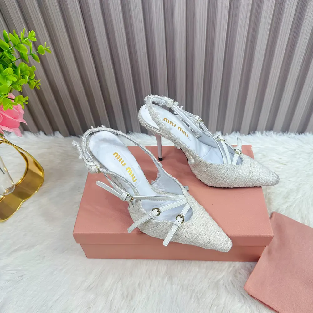 Top angle showcasing white fabric and adjustable straps of Miu Miu Women Fabric Slingbacks with Straps-White