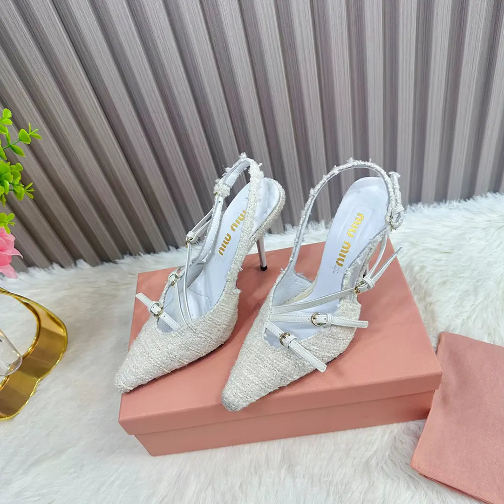 Close-up of silver-tone hardware detail on Miu Miu Women Fabric Slingbacks with Straps-White