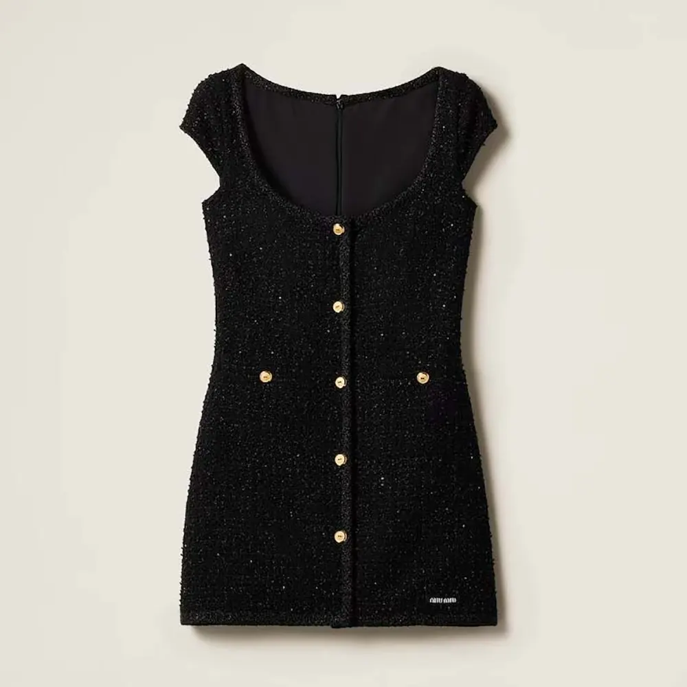Front view of Miu Miu Women Lamé Bouclé Dress in black
