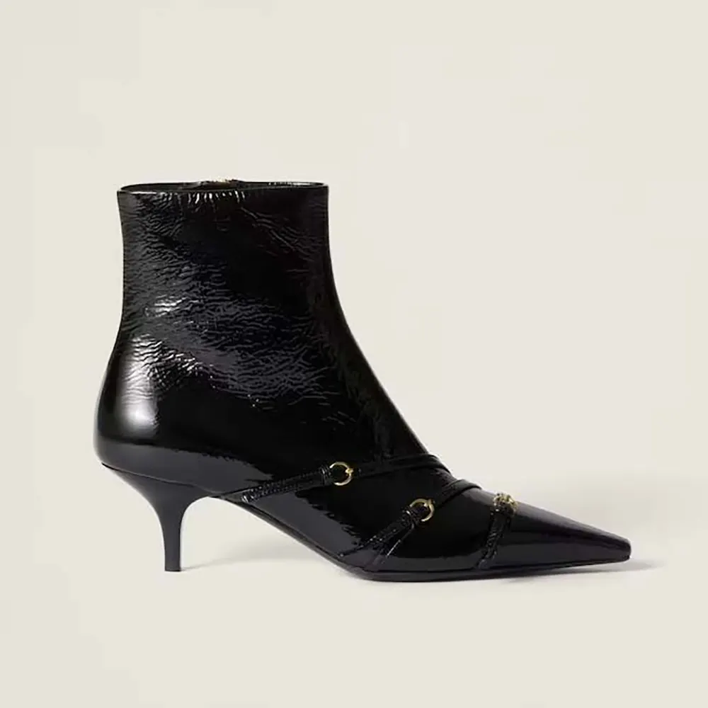 Side profile of Miu Miu Women Naplak Booties-Black showing glossy patent finish