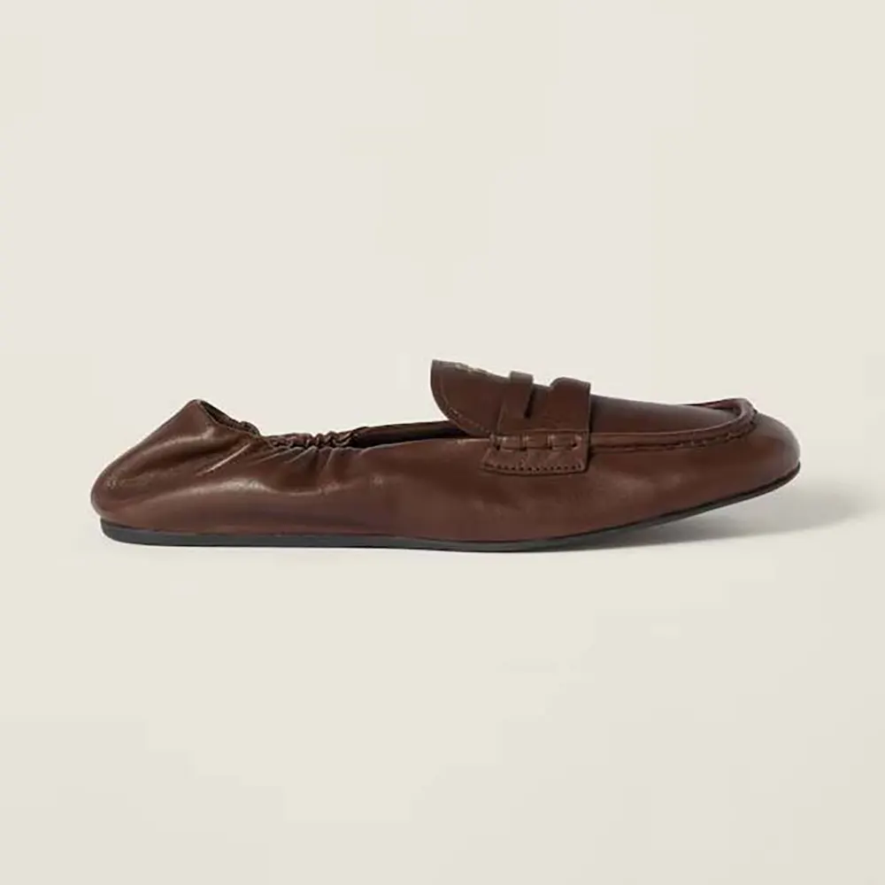 Side view of Miu Miu Women Nappa Leather Loafers-Chocolate showing silhouette