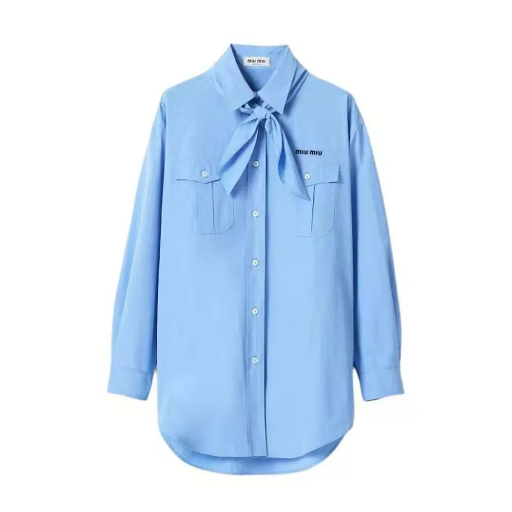 Front view of Miu Miu Women Poplin Shirt with Scarf in blue