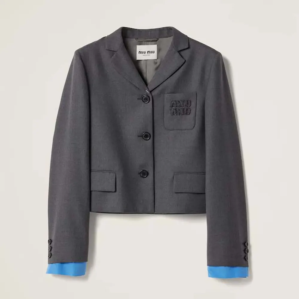 Front view of Miu Miu Women Single-breasted Cropped Gabardine Jacket in grey