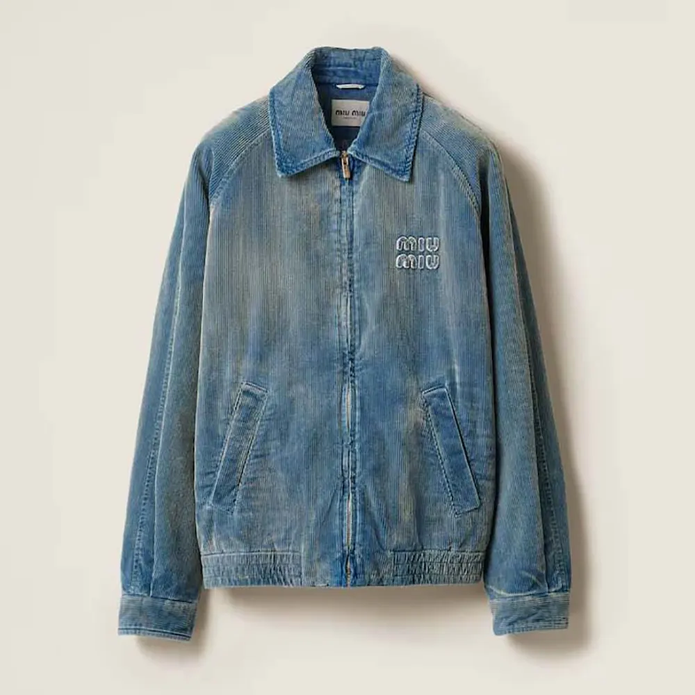 Front view of Miu Miu Women Washed Corduroy Blouson Jacket in navy