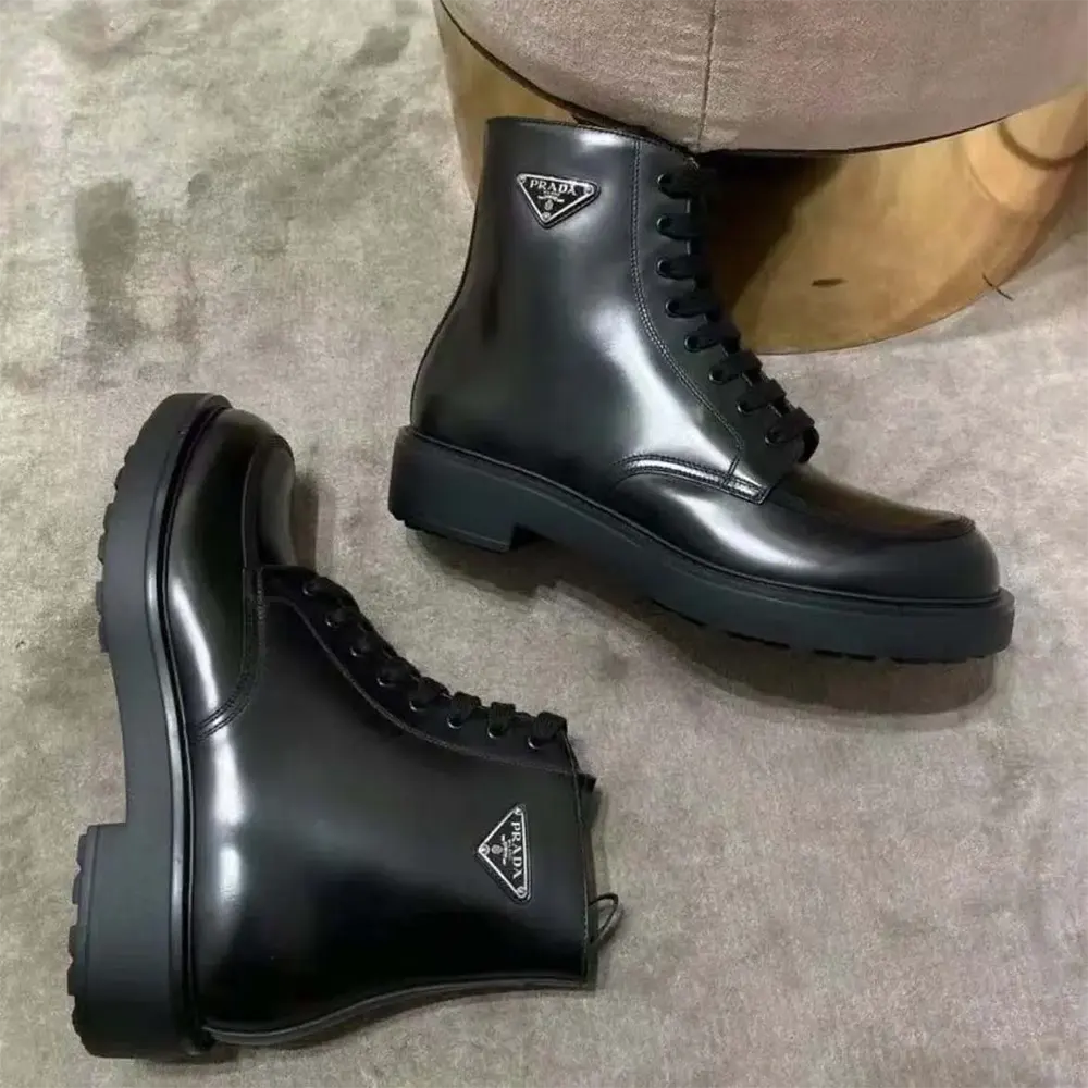 Prada Unisex Brushed Leather Combat Boots-Black - image 4