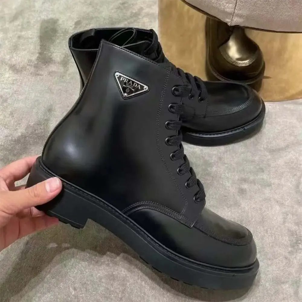 Prada Unisex Brushed Leather Combat Boots-Black - image 5