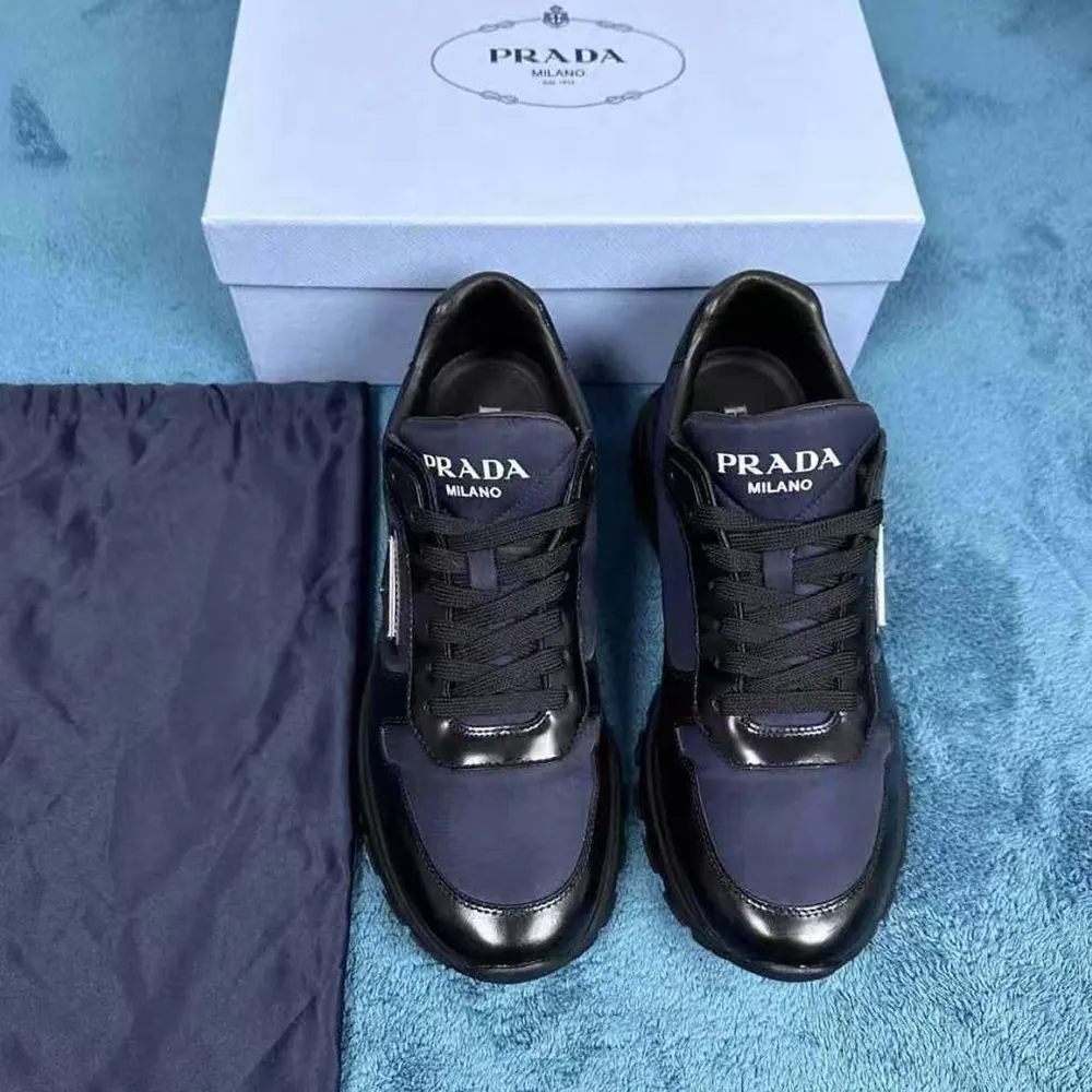Close-up detail of brushed leather and Re-Nylon on Prada Prax 01 sneakers
