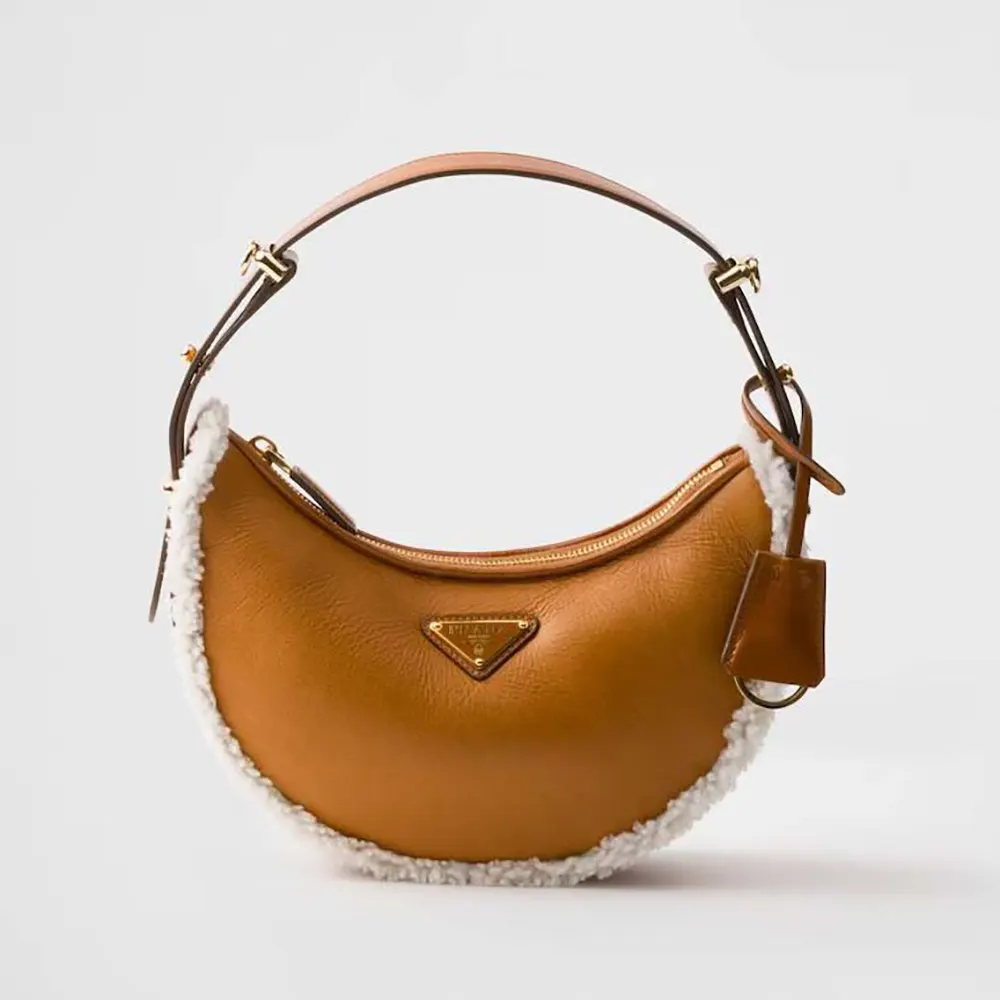 Front view of Prada Women Arqué Small Shearling Shoulder Bag in brown
