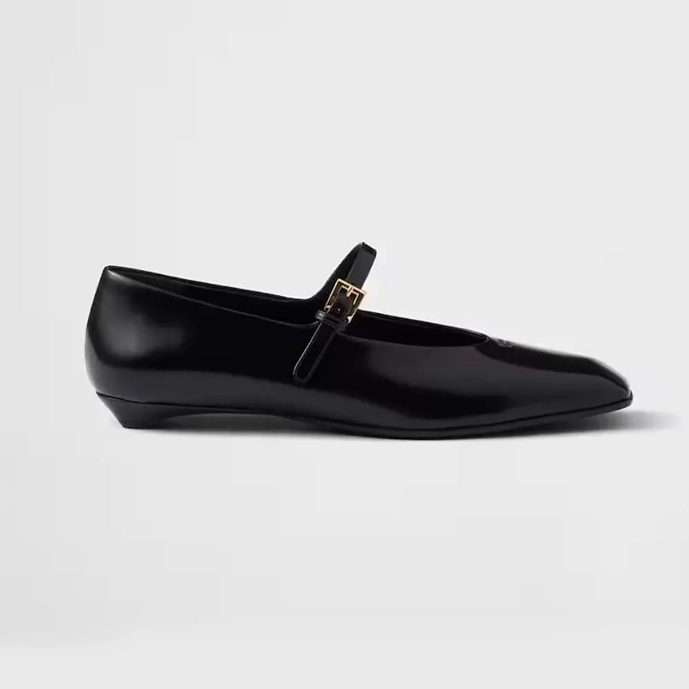 Side profile of Prada Women Brushed leather Mary Jane ballerinas-Black