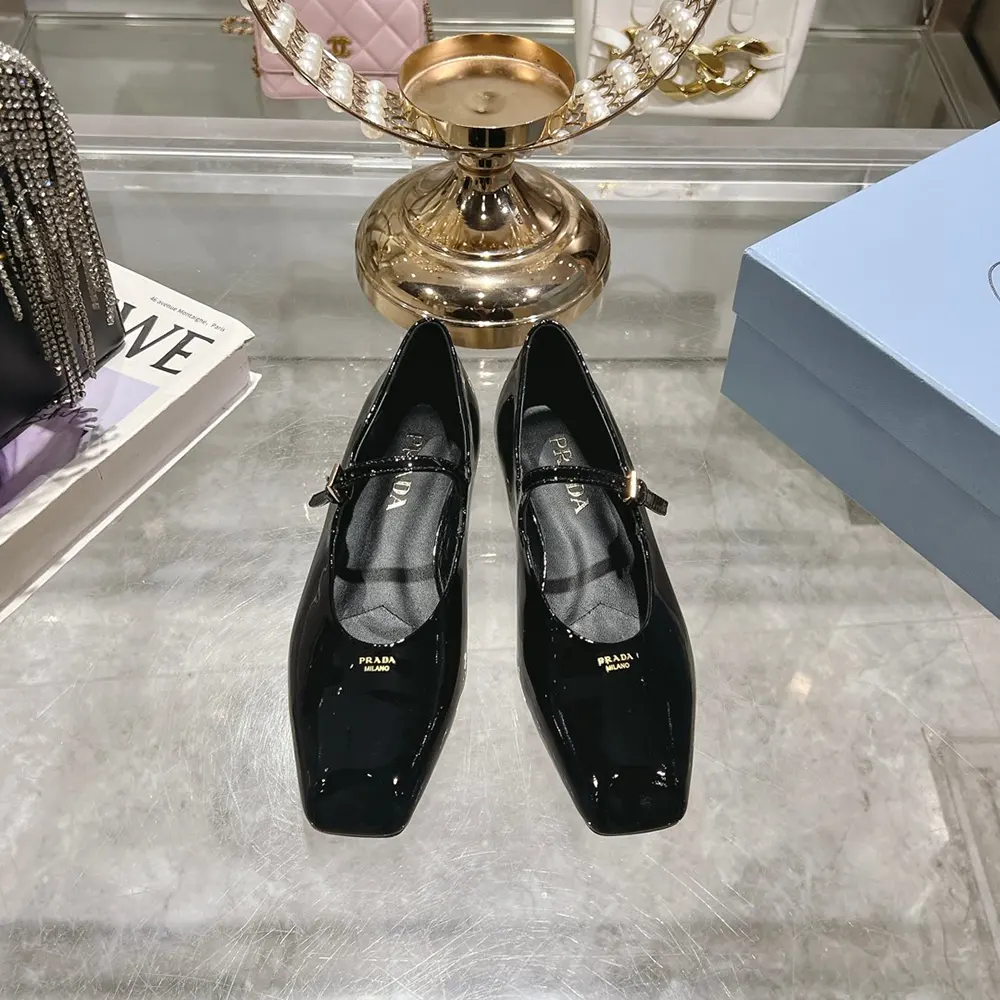 Close-up detail of buckle on Prada Women Brushed leather Mary Jane ballerinas-Black