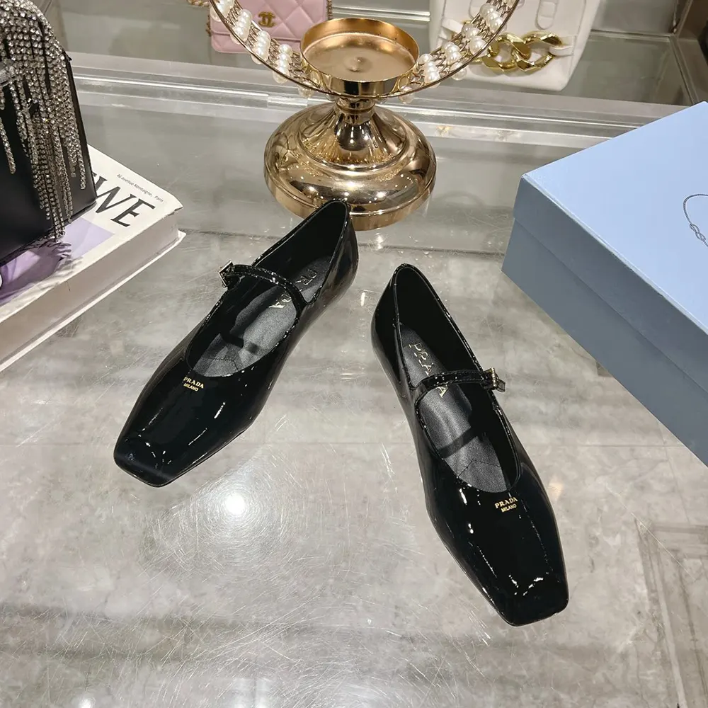 Overhead view showcasing silhouette of Prada Women Brushed leather Mary Jane ballerinas-Black