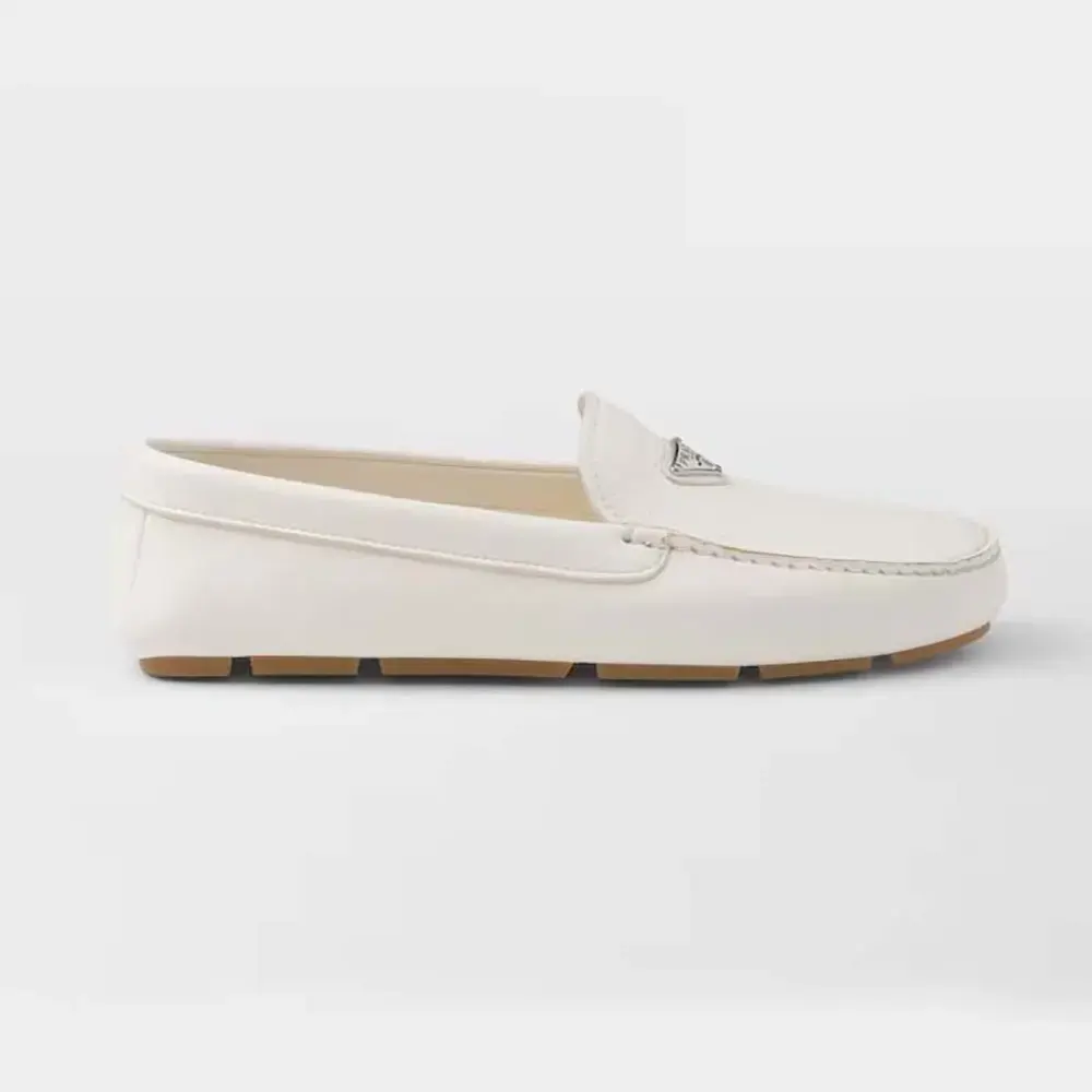 Side profile of Prada Women Leather Driving Shoes-White highlighting silhouette