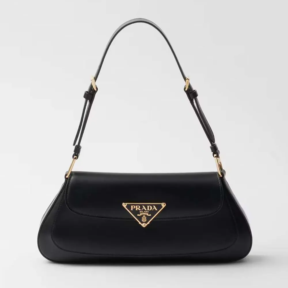 Front view of Prada Women Leather Shoulder Bag-Black showing flap and logo