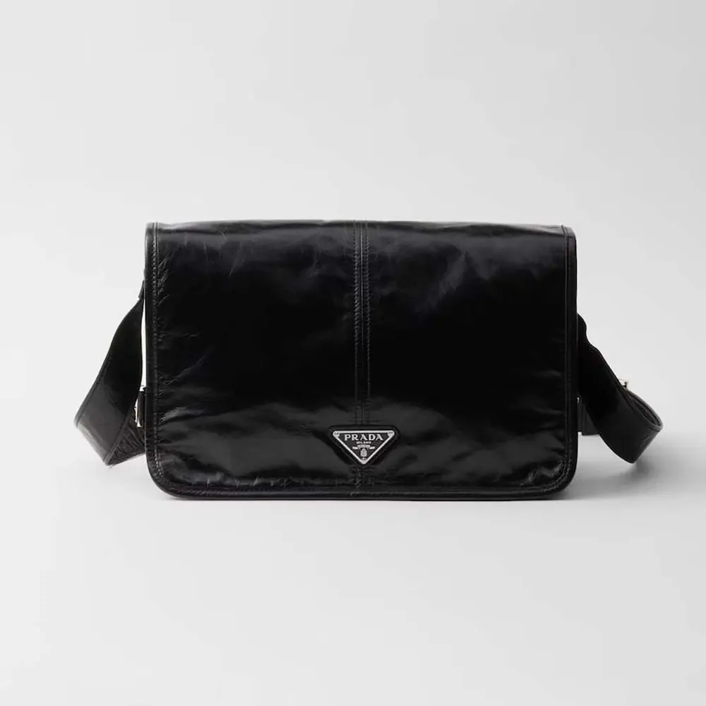 Front view of Prada Women Leather Shoulder Bag-Black with silver hardware