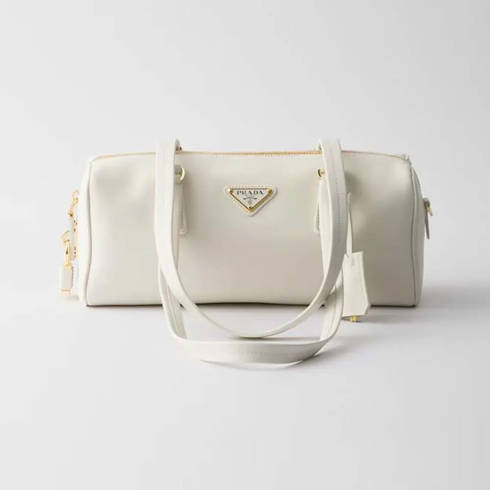 Front view of Prada Women Medium Leather Top-handle Bag with Padlock-White