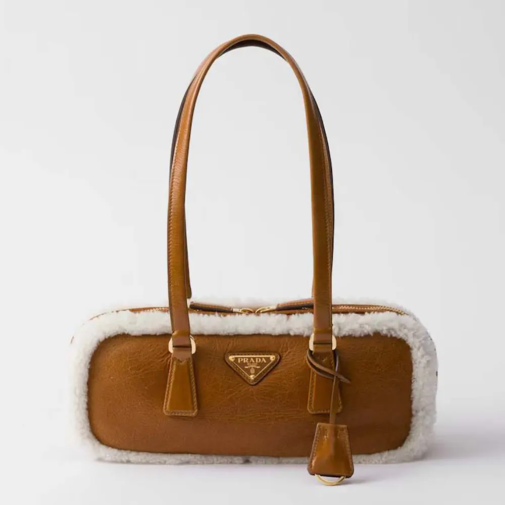 Front view of Prada Women Medium Shearling Two-handle Bag-Brown