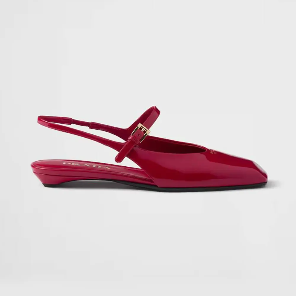 Side view of Prada Women Patent Leather Slingback Ballerinas-Red showing glossy finish