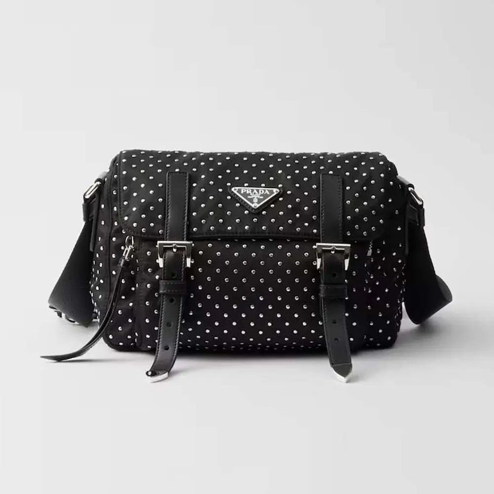 Front view of Prada Women Re-Nylon Shoulder Bag with Studs in black