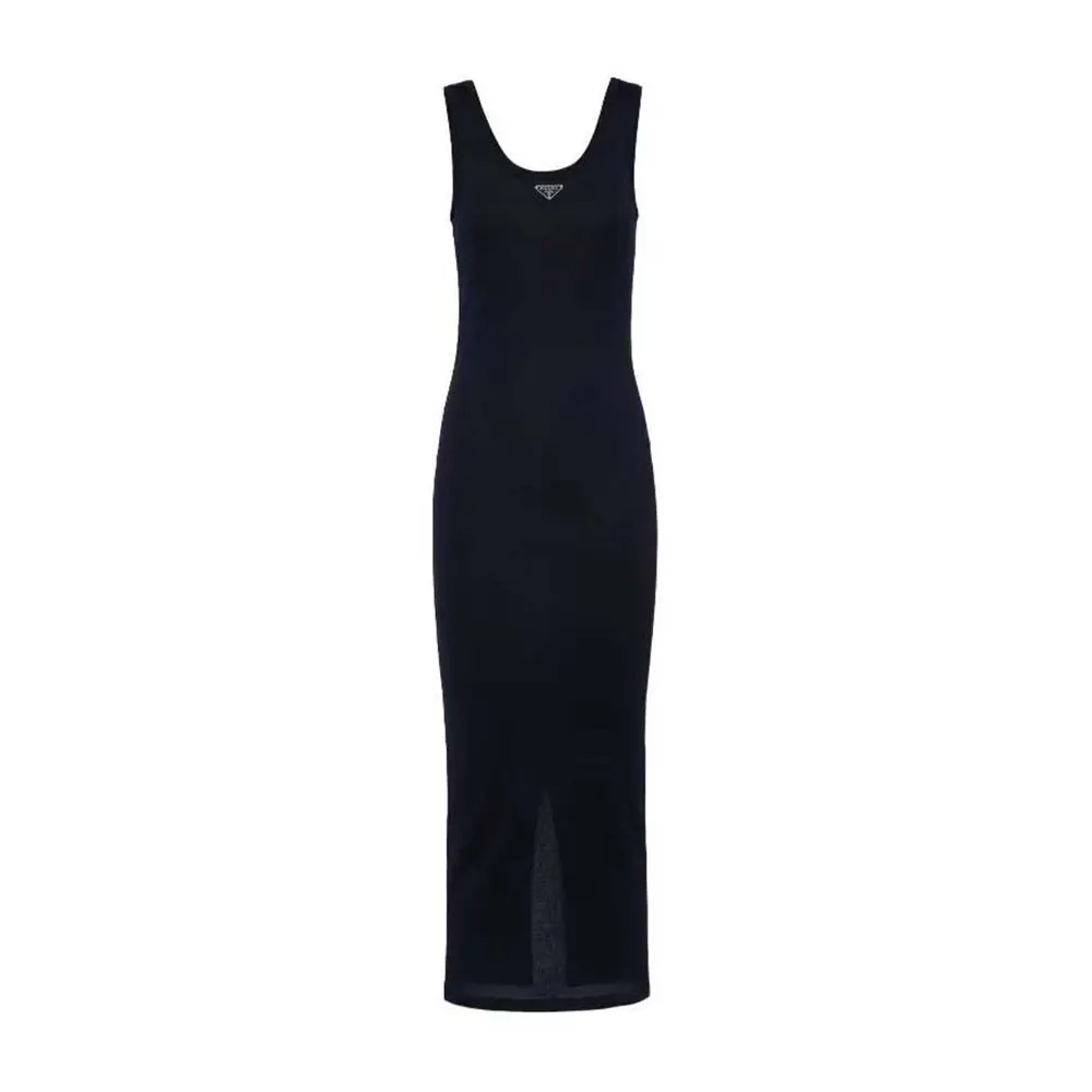 Front view of Prada Women Ribbed knit jersey Midi-dress-Black showing silhouette