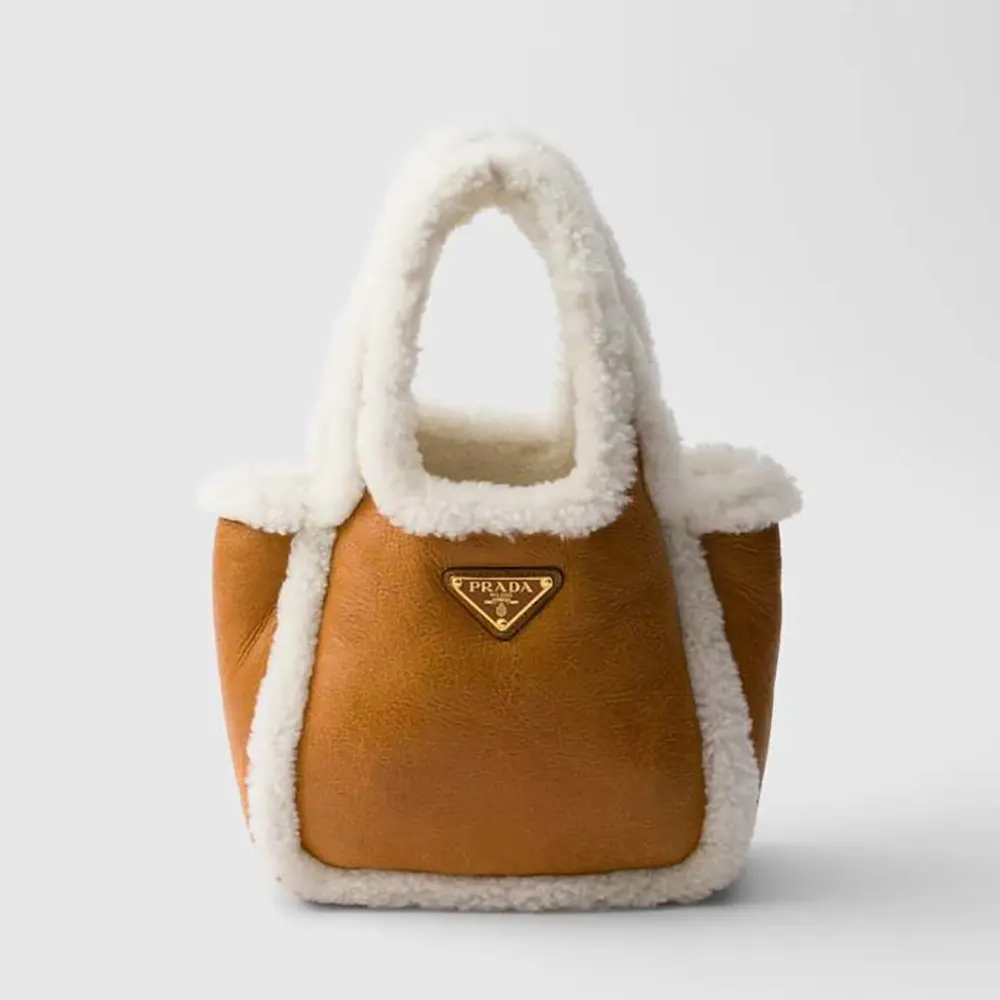 Front view of Prada Women Shearling Mini Handbag in brown shearling