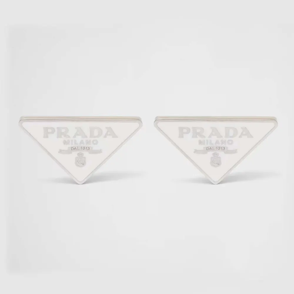 Front view of Prada Women Symbole Earrings-White showcasing smooth resin