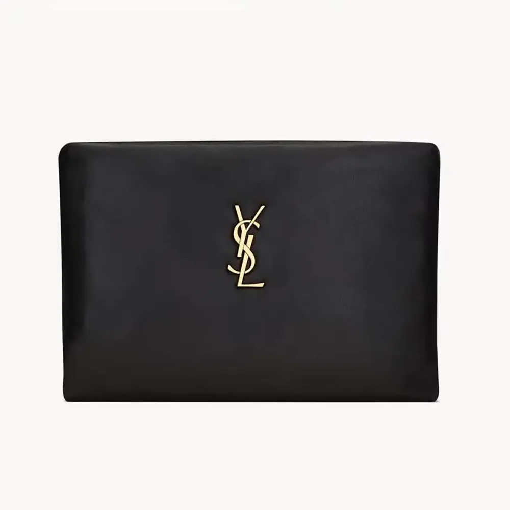 Front view of Saint Laurent YSL Women Calypso Small Pouch in black lambskin