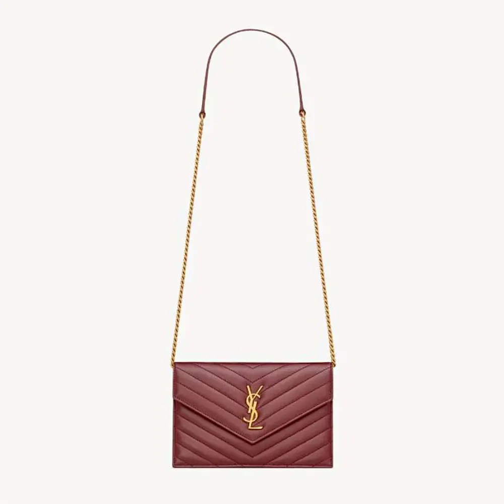 Front view of Saint Laurent YSL Women Cassandre Envelope Chain Wallet in red lambskin