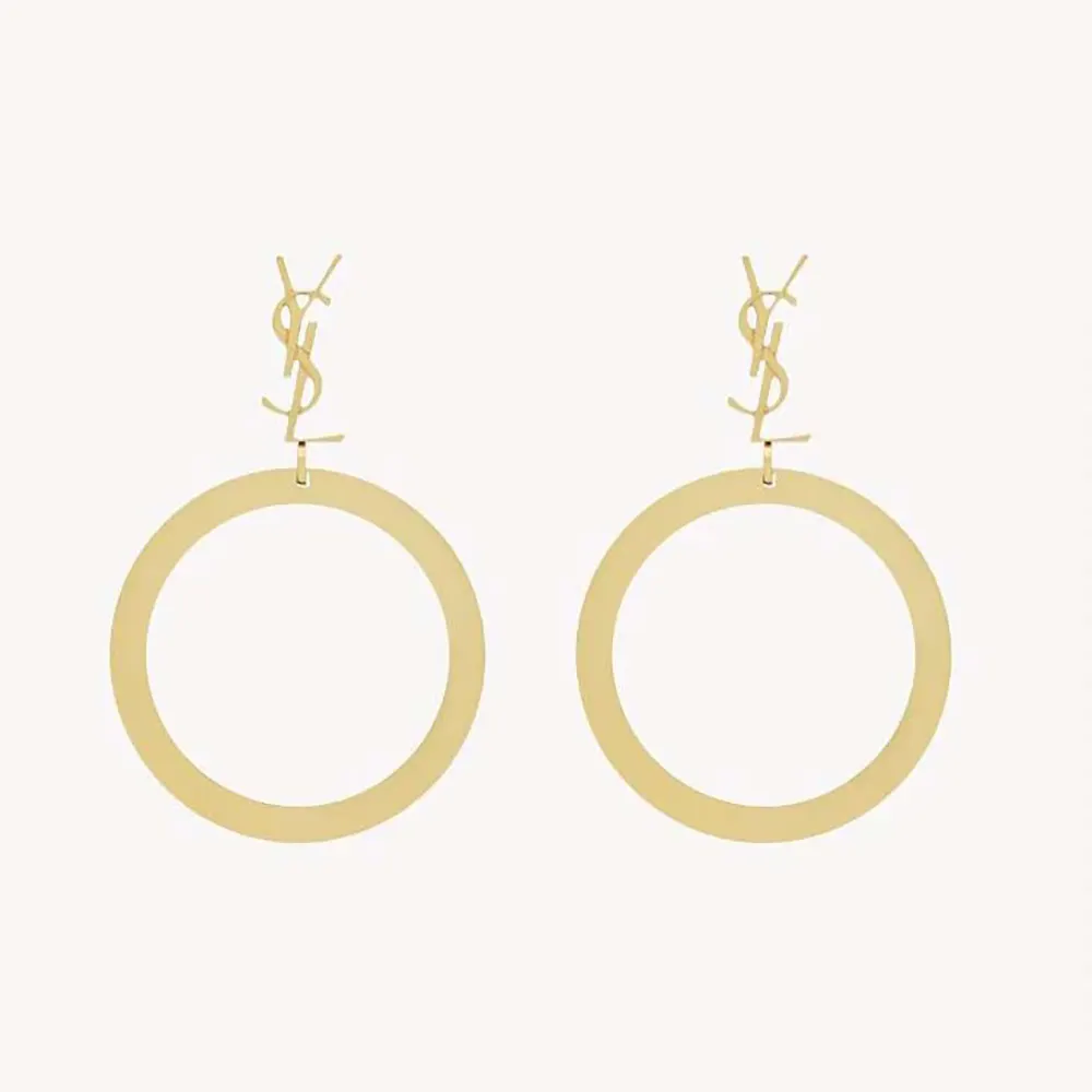 Front view of Saint Laurent YSL Women Cassandre Pendant Hoop Earrings gold finish