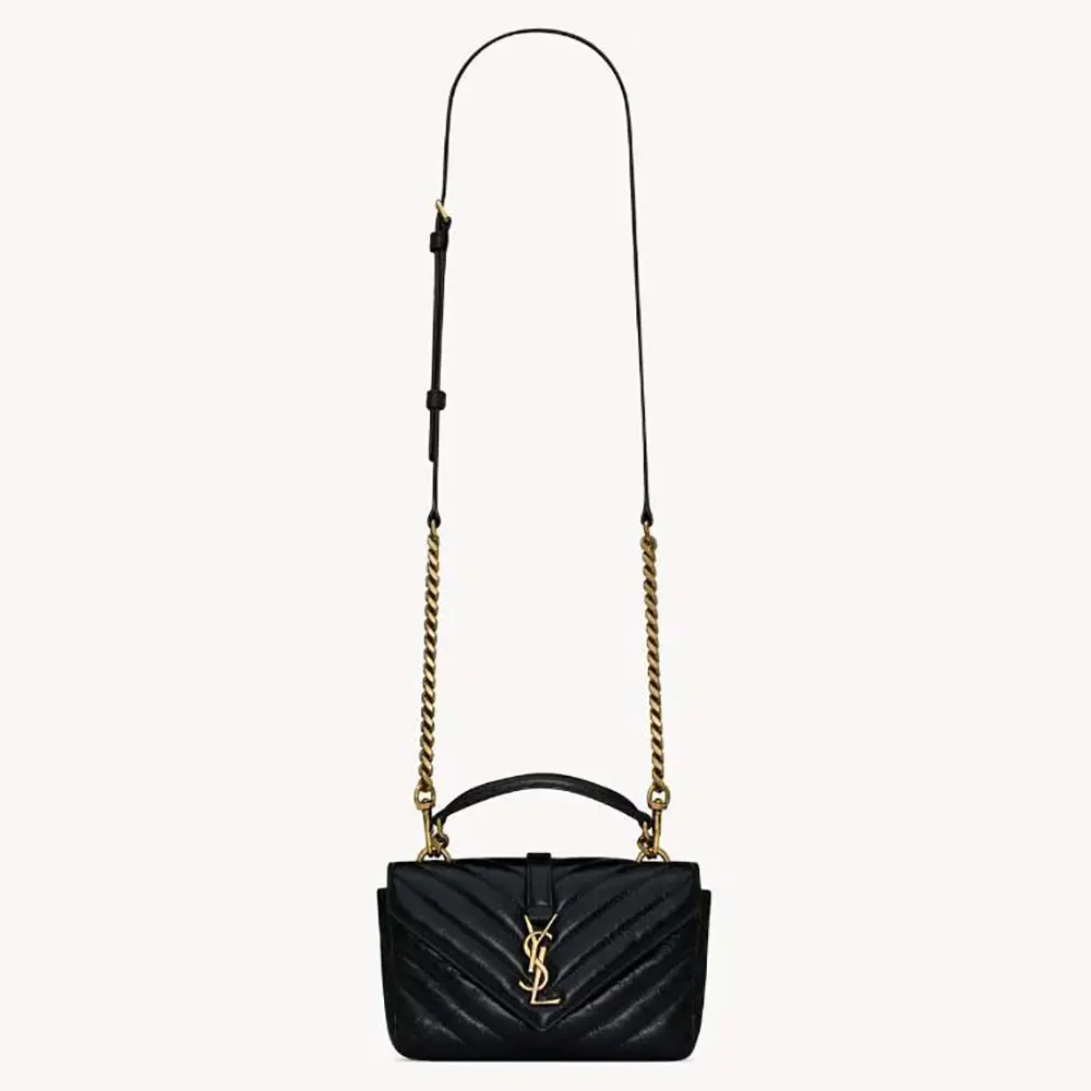 Front view of Saint Laurent YSL Women College Mini Chain Bag in shiny crackled black leather
