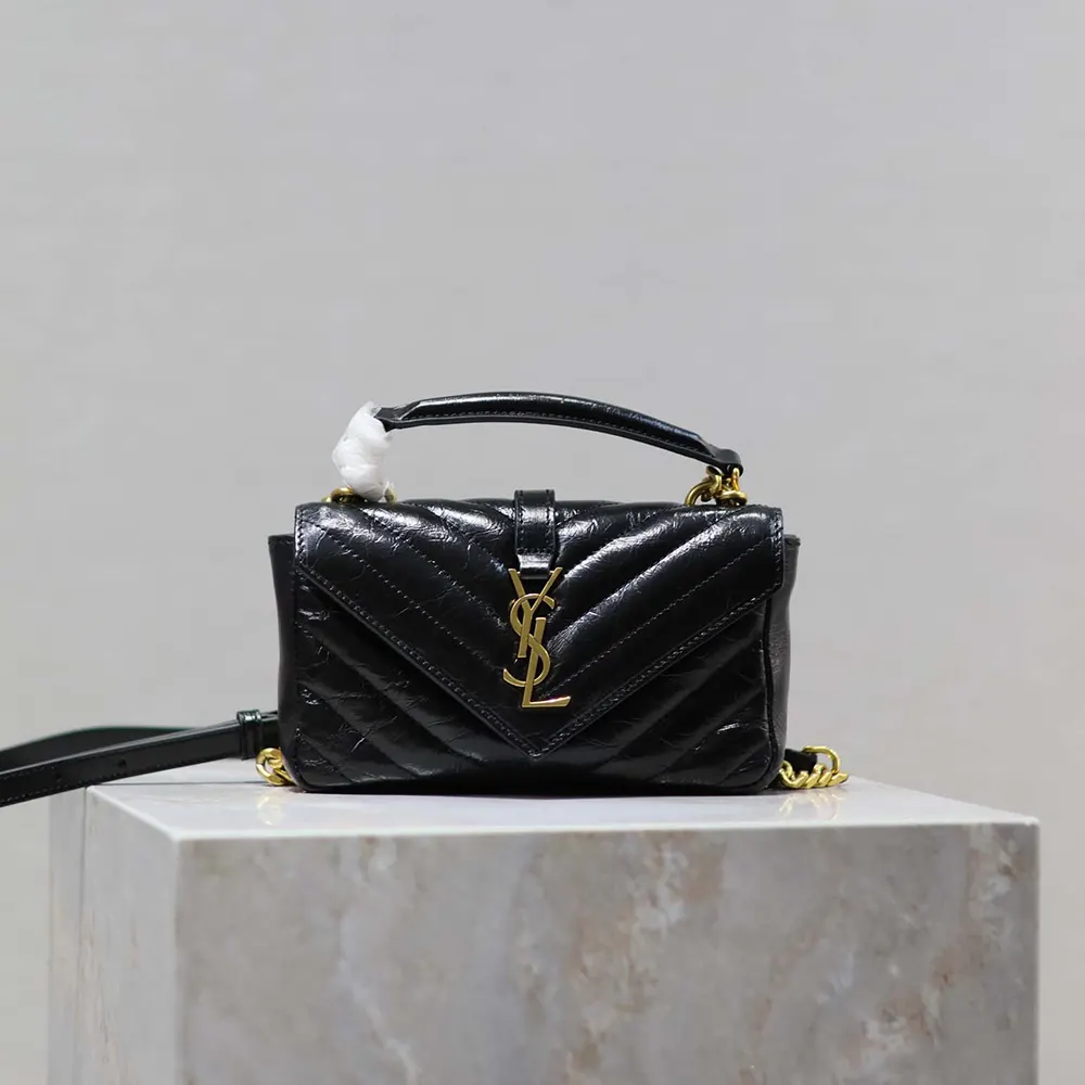 Close-up of gold YSL logo and chain strap on the Saint Laurent YSL Women College Mini Chain Bag