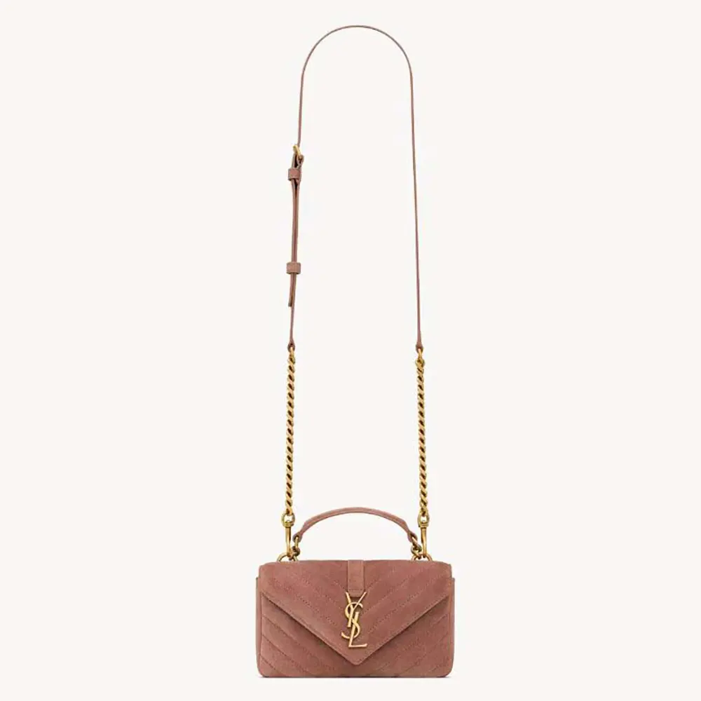 Front view of Saint Laurent YSL Women College Mini in Suede-Pink