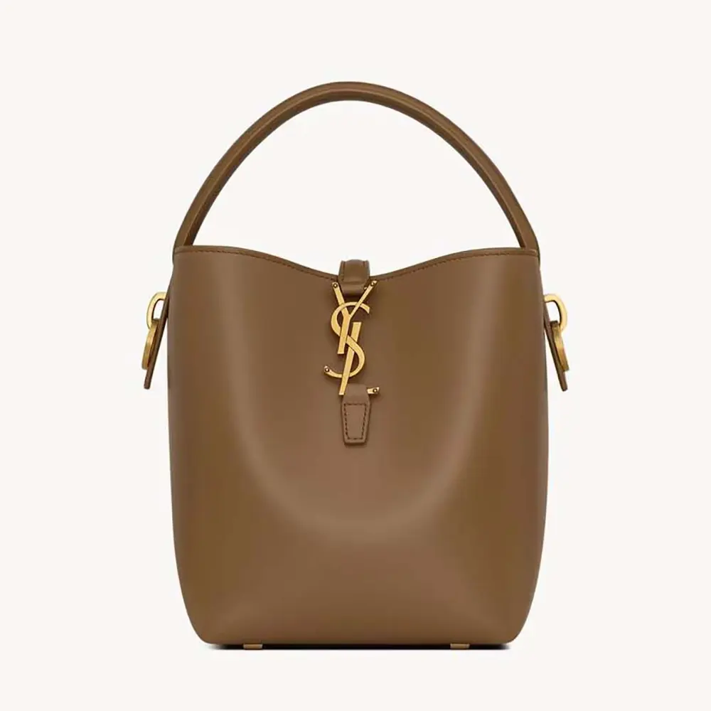 Front view of Saint Laurent YSL Women Le 37 Small shiny leather tan bag