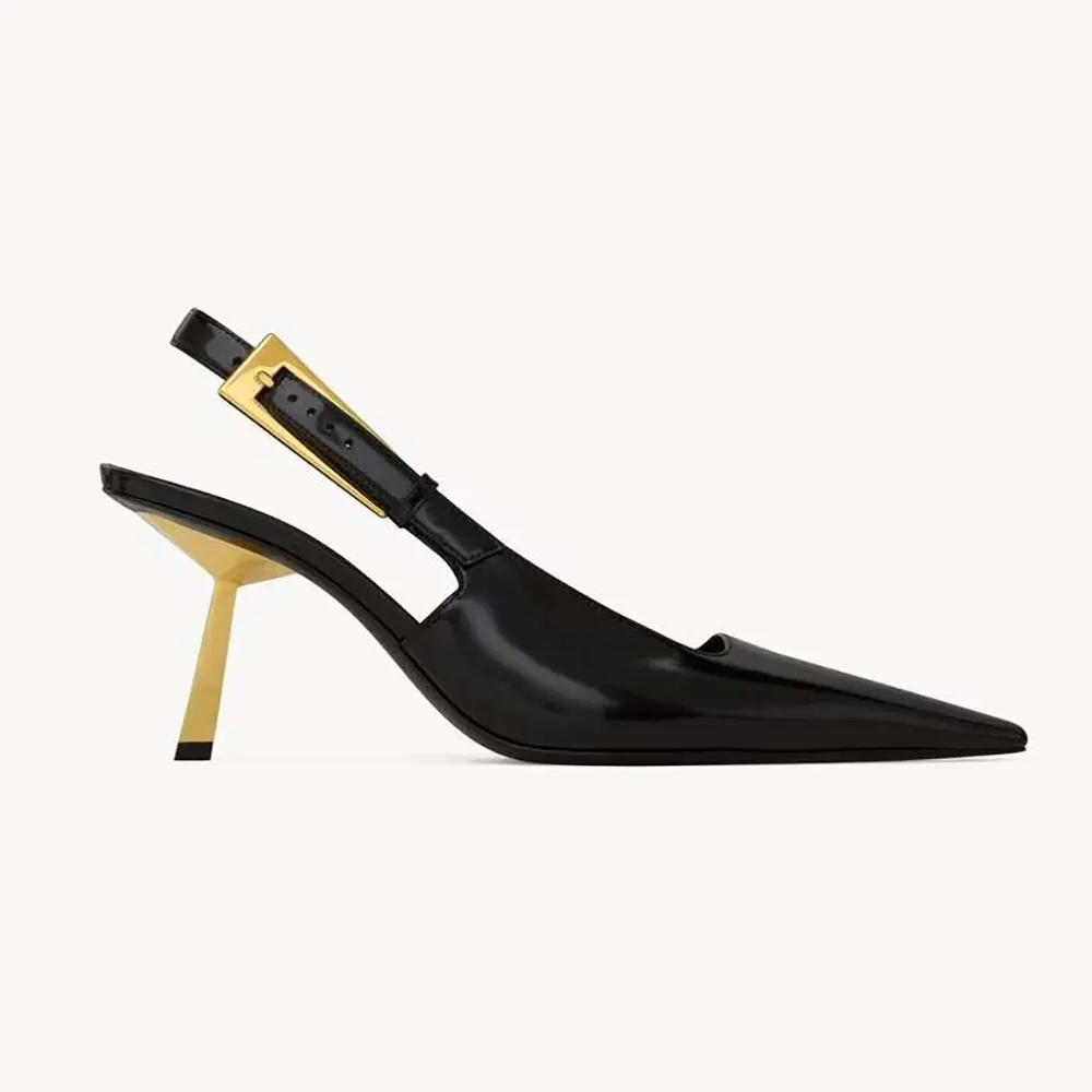 Side profile of Saint Laurent YSL Women Lee Slingback Pumps in glossy black leather