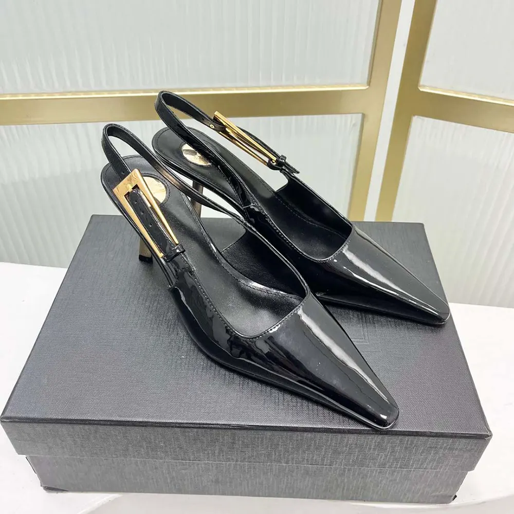Rear view showing adjustable slingback strap on Saint Laurent Lee pumps