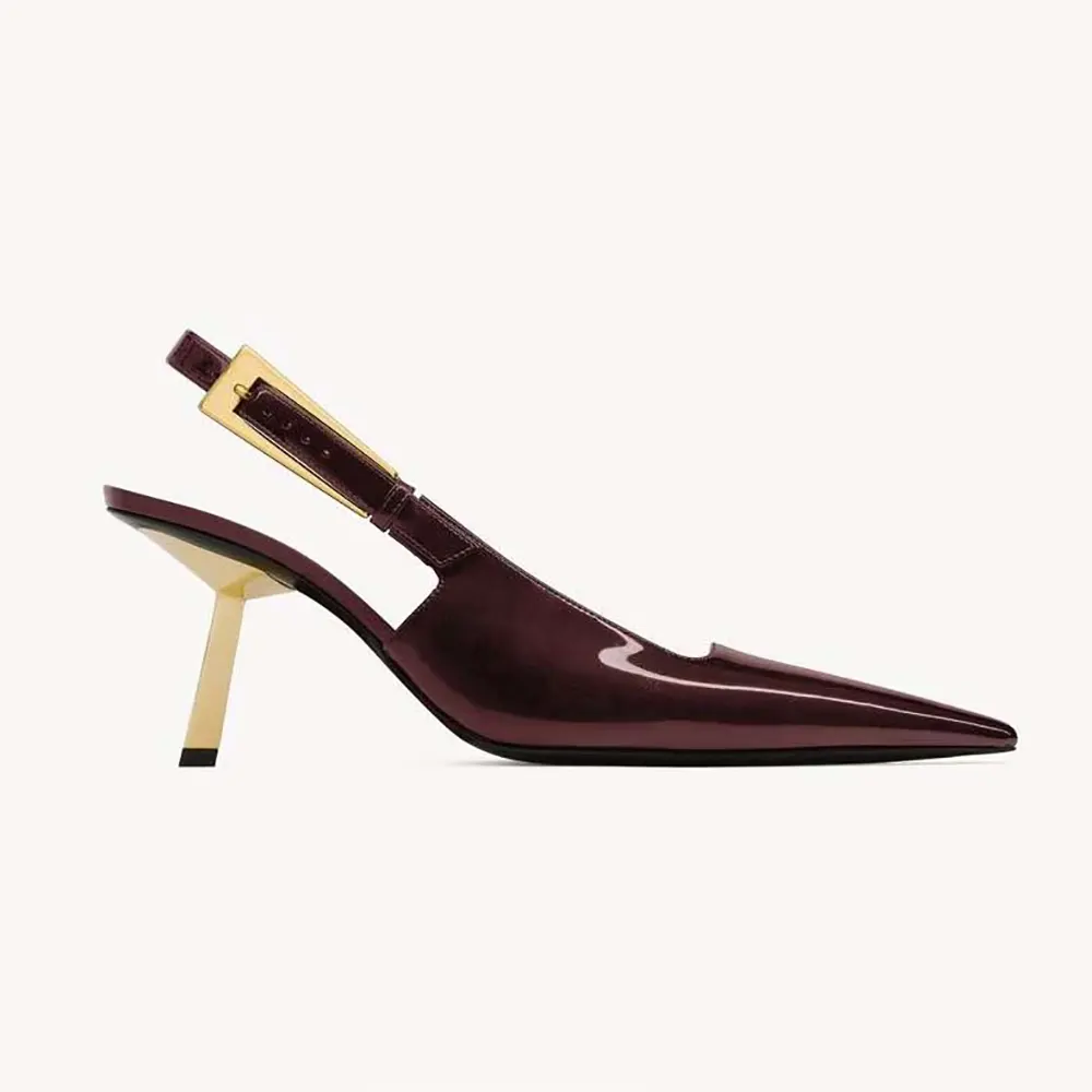 Side profile of Saint Laurent YSL Women Lee Slingback Pumps in burgundy patent leather