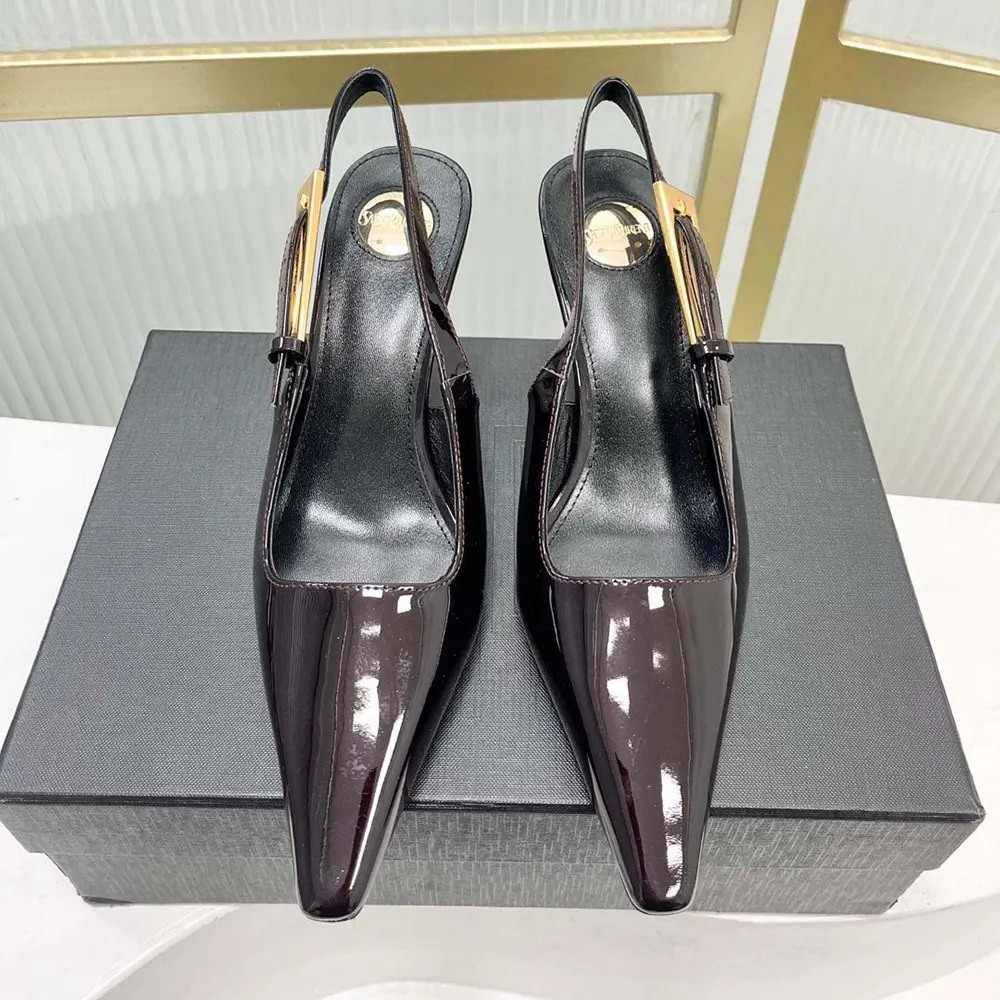 Close-up of signature YSL logo and slingback strap on Lee Slingback Pumps