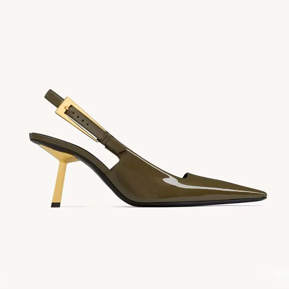Side profile of Saint Laurent YSL Women Lee Slingback Pumps in dark green patent leather