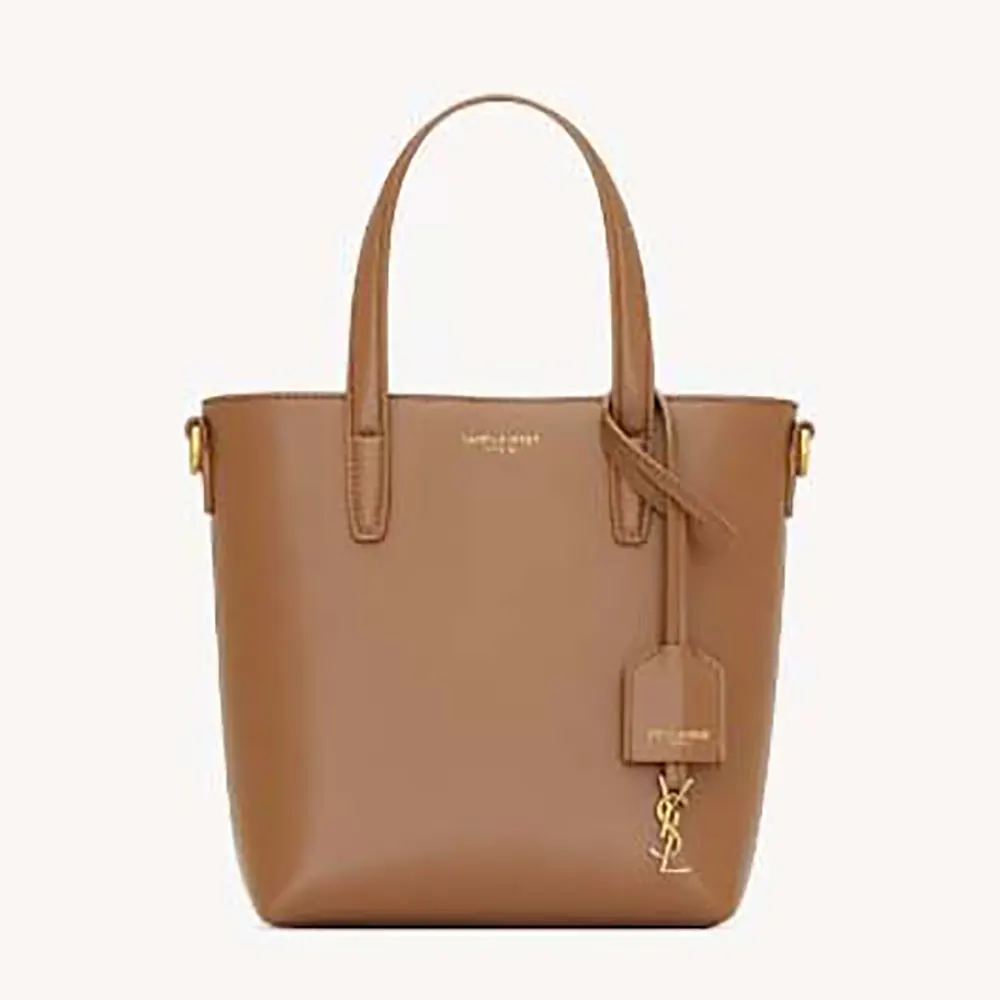 Front view of Saint Laurent YSL Women Mini Toy Shopping Saint Laurent in Box Leather-Brown