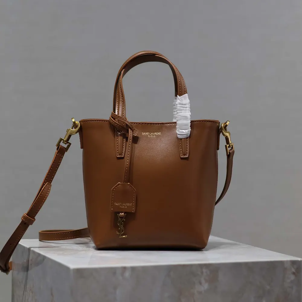 Close-up on gold YSL logo hardware on the brown leather mini bag