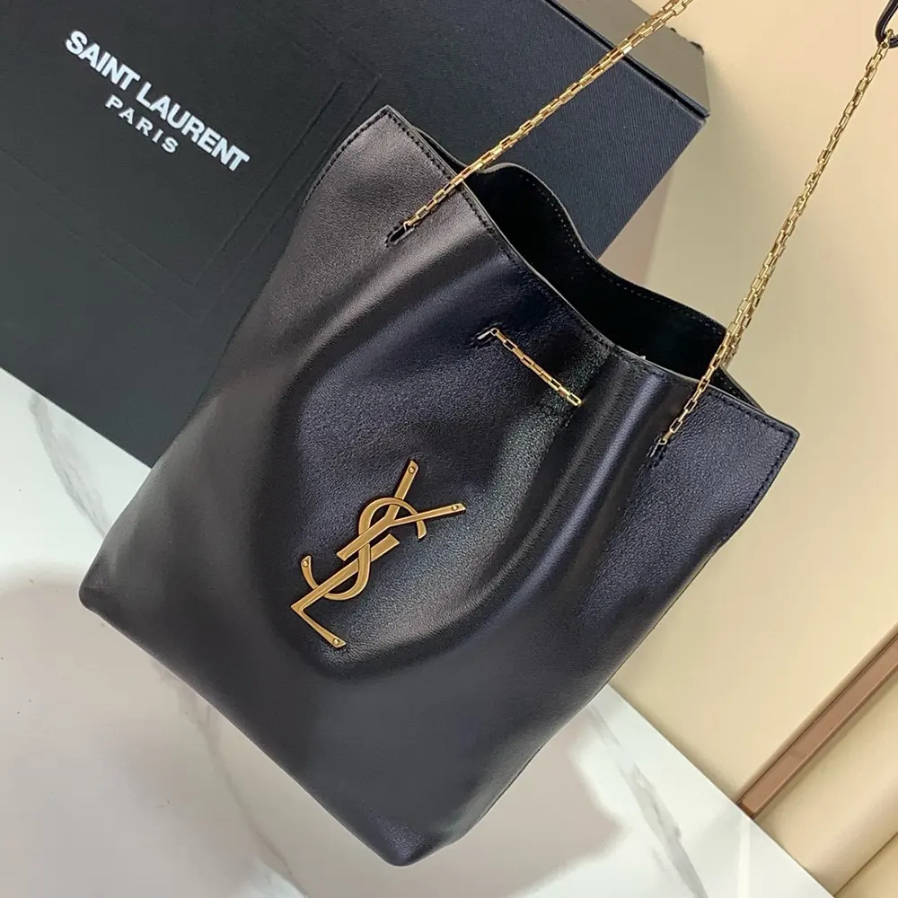 Side angle of Saint Laurent YSL Women Pochon showing soft leather texture