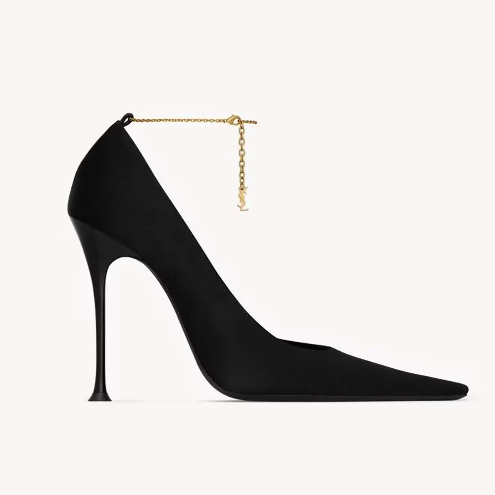 Side view of Saint Laurent YSL Women Regine Pumps in black satin crepe