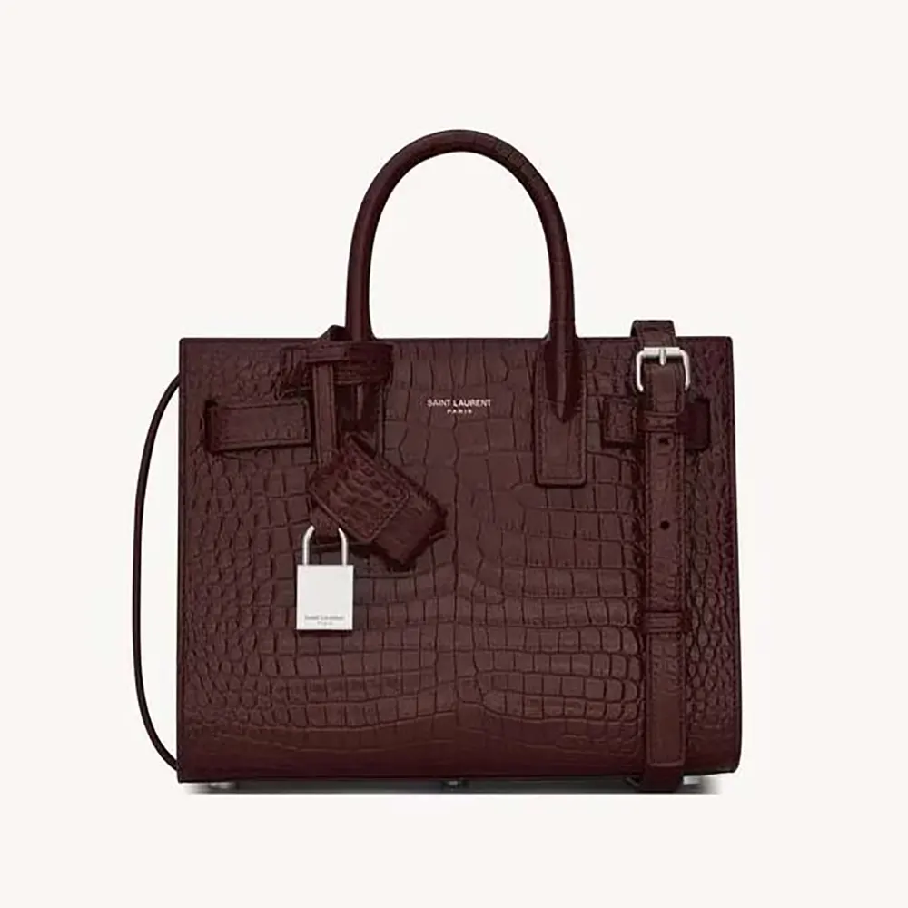 Front view of Saint Laurent YSL Women Sac De Jour in Nano-Maroon leather