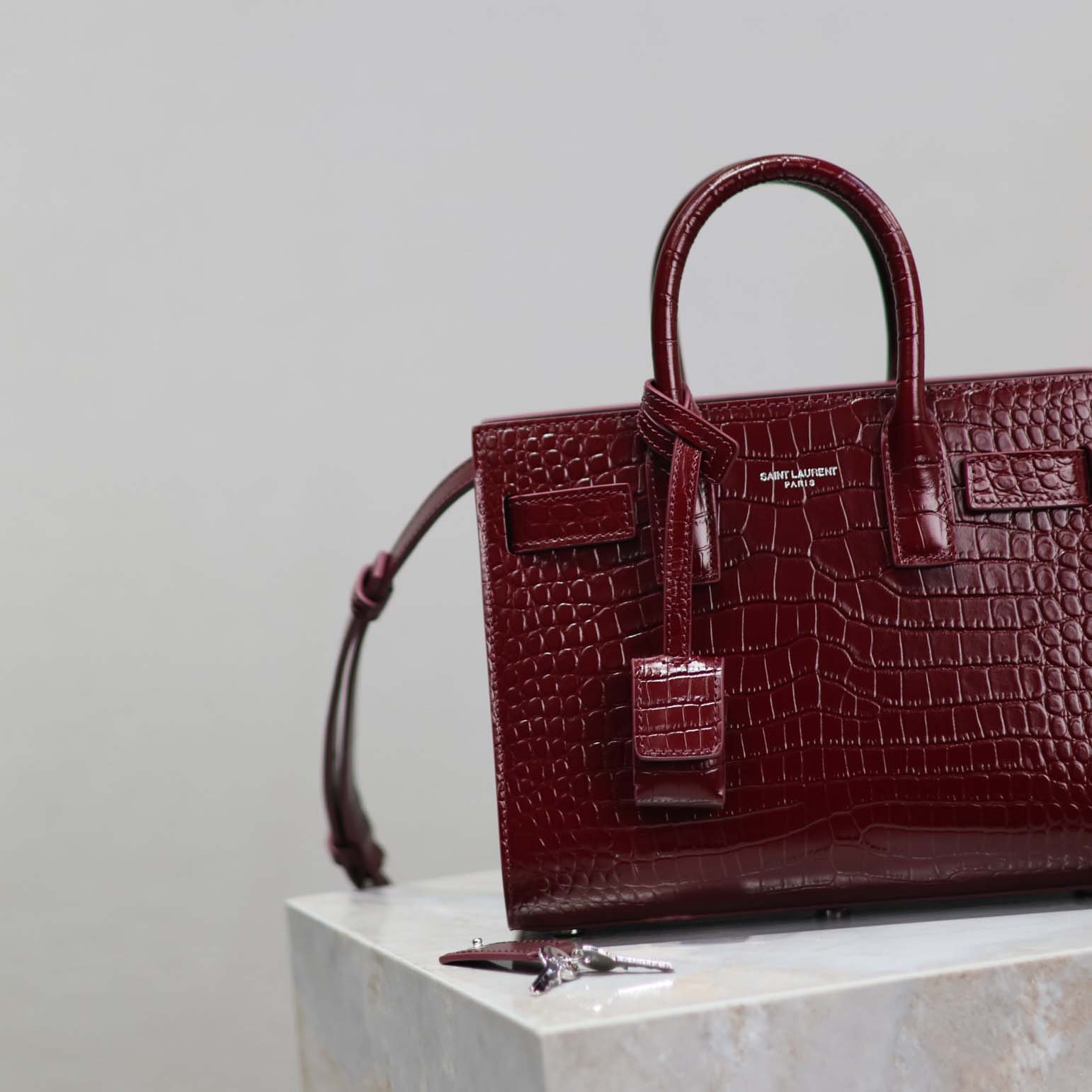 Saint Laurent YSL Women Sac De Jour in Crocodile Embossed Leather Nano-Maroon - image 6