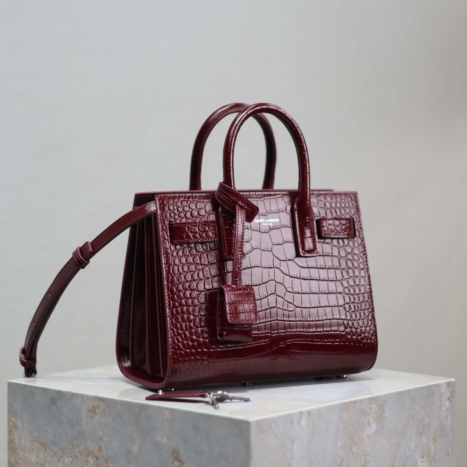 Saint Laurent YSL Women Sac De Jour in Crocodile Embossed Leather Nano-Maroon - image 5