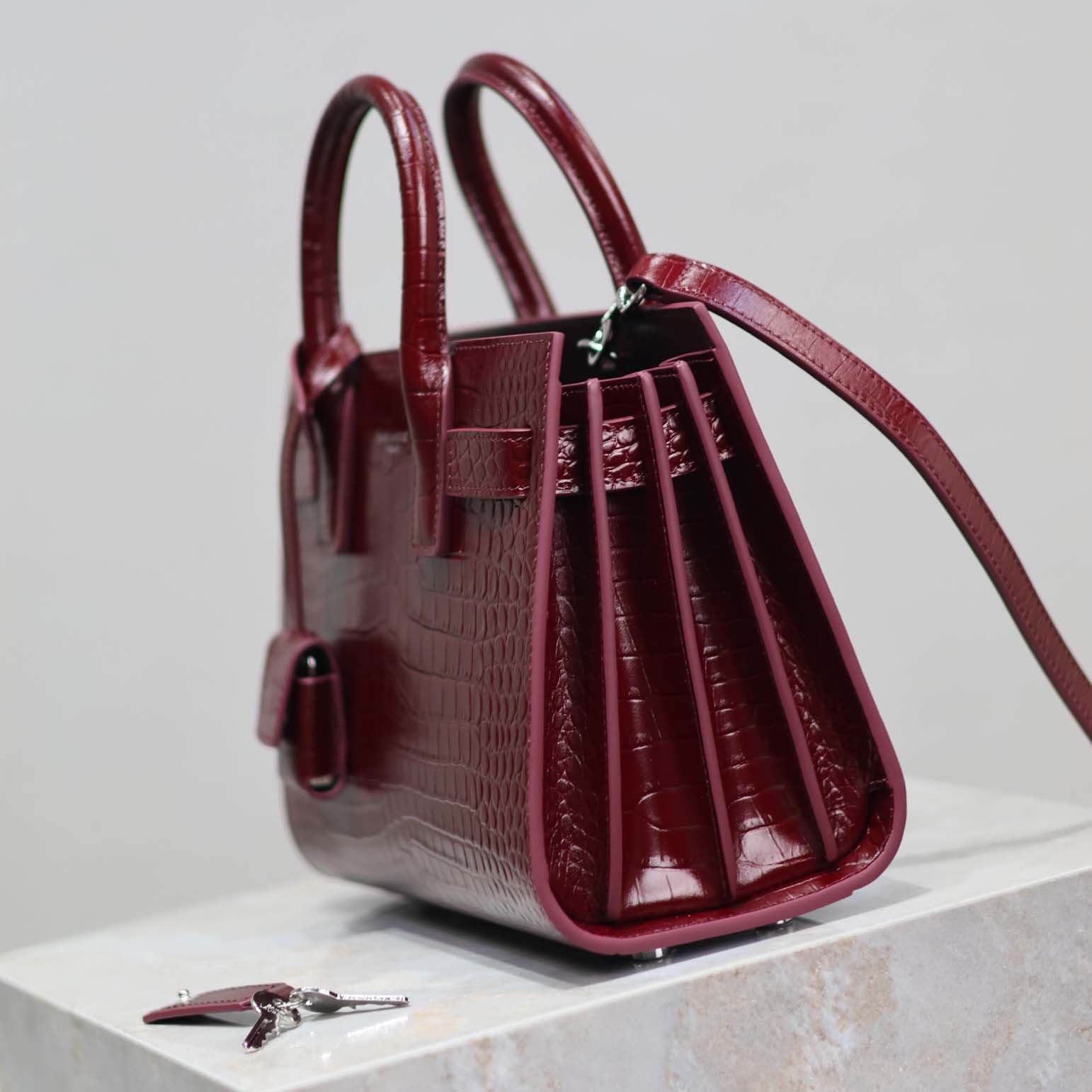 Saint Laurent YSL Women Sac De Jour in Crocodile Embossed Leather Nano-Maroon - image 7
