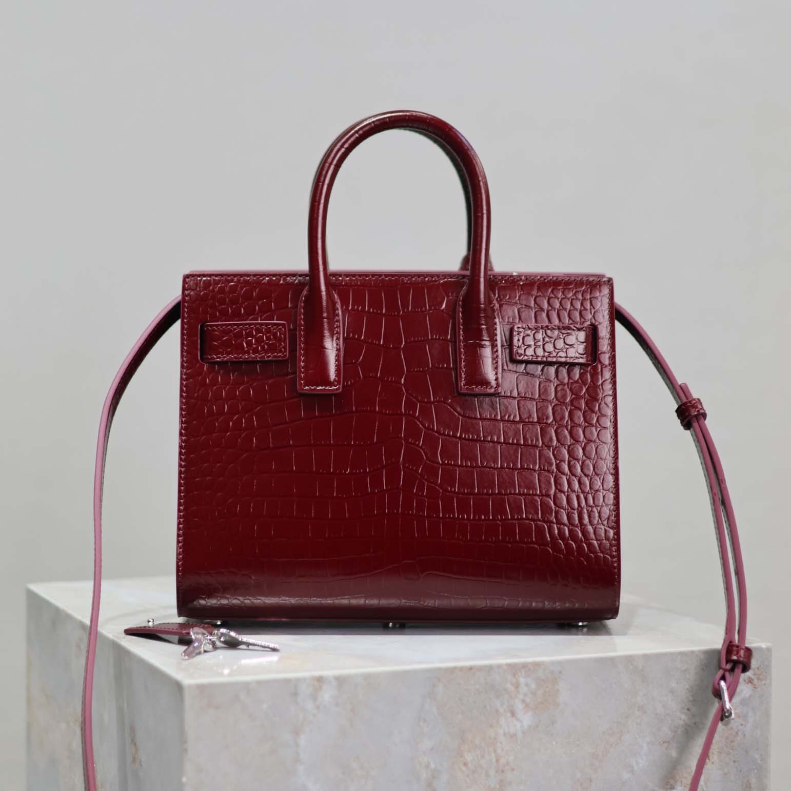 Saint Laurent YSL Women Sac De Jour in Crocodile Embossed Leather Nano-Maroon - image 4