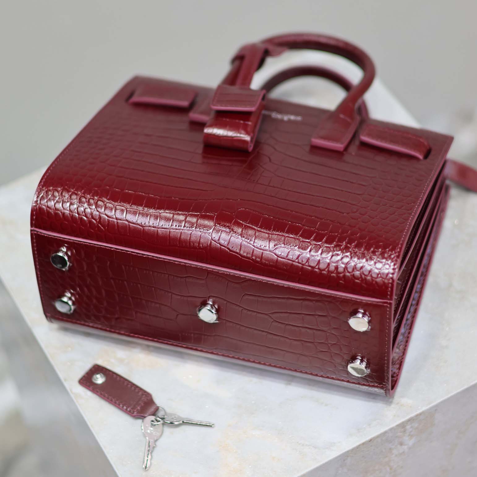 Saint Laurent YSL Women Sac De Jour in Crocodile Embossed Leather Nano-Maroon - image 8